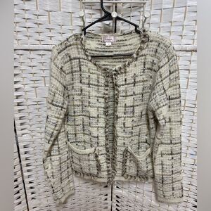 Kamana sz M knit cream, tan‎ and brown jacket/sweater with pockets fringe trim